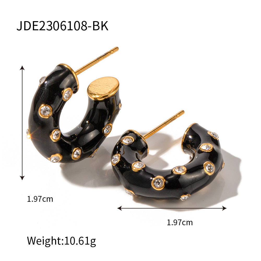 5pcs New Titanium Steel Earrings 18K Stainless Steel Black Drip Oil Set Diamond C-Shaped Earrings Women's Fashion Earrings
