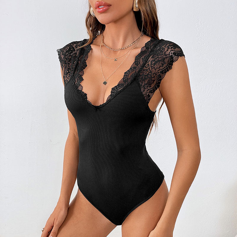 Lace Splicing Big V-Neck Onesie Temperament Sexy One-Piece Summer Spice Slim-Fit Top