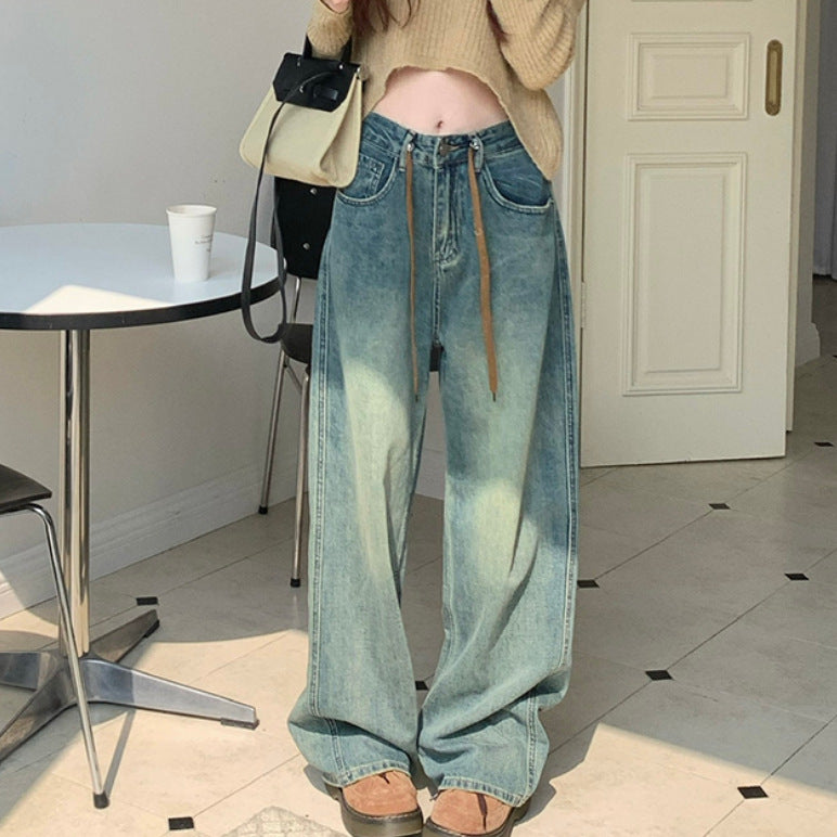 Real Autumn And Winter New Retro Retro Drawstring Cowboy Straight Barrel High Waist Wide Leg Mop Trousers