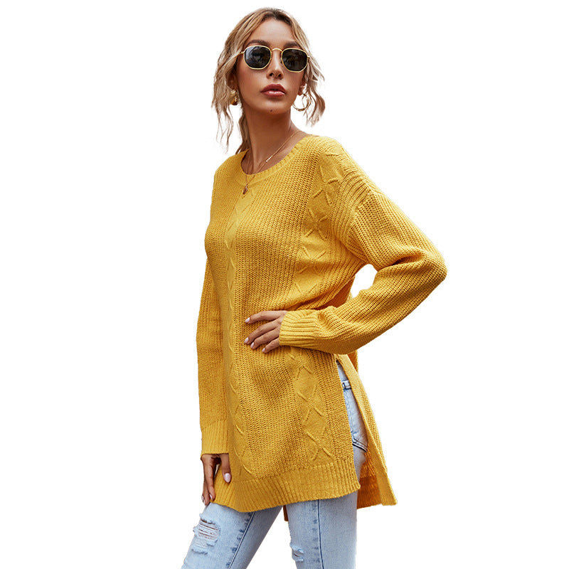 Autumn Round Neck Solid Color Twist Flower Fork Knit Bottom Sweater Sweater Female