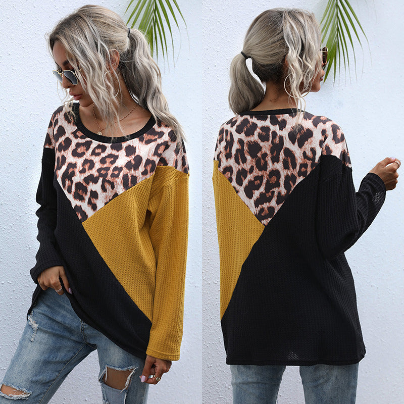 Top Women's Leopard Print Splicing Round Neck Loose Long Sleeve Long Knit Shirt