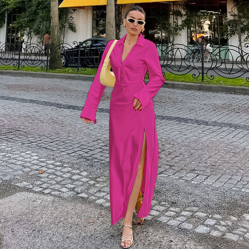 Lapel Flared Sleeve Slit High-Waisted Dress New Spring Fashion Dress