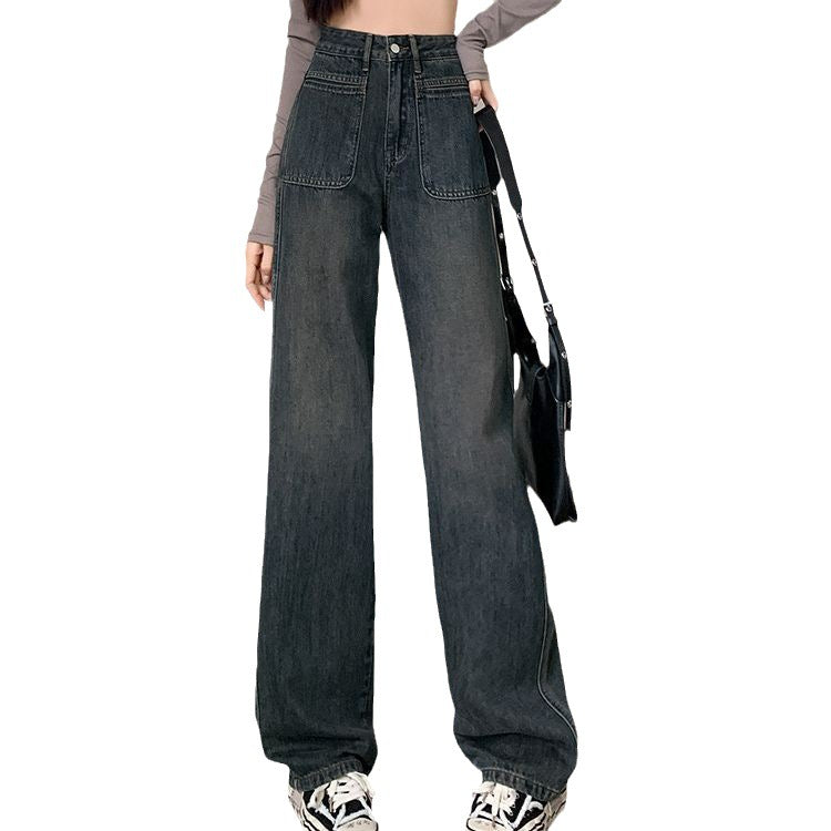 Jeans Women Spring And Autumn High-Waisted Trousers Small Cement Grey Slimming Slimming Narrow Version Straight Leg Wide Pants Lengthened