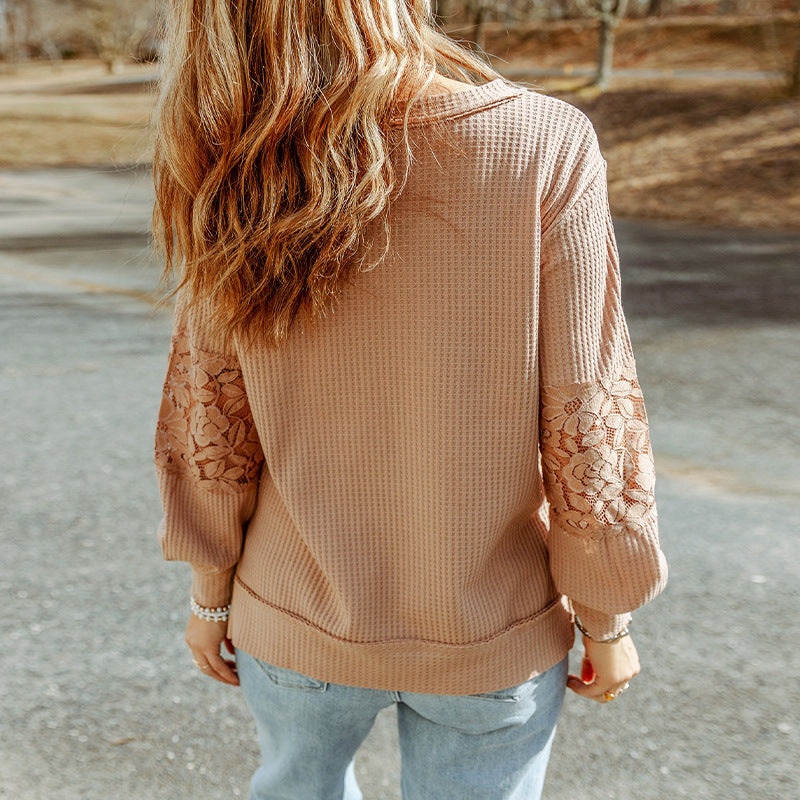 Casual Knitwear Women Fall New Lace Spell Waffle Long Sleeve Top Women