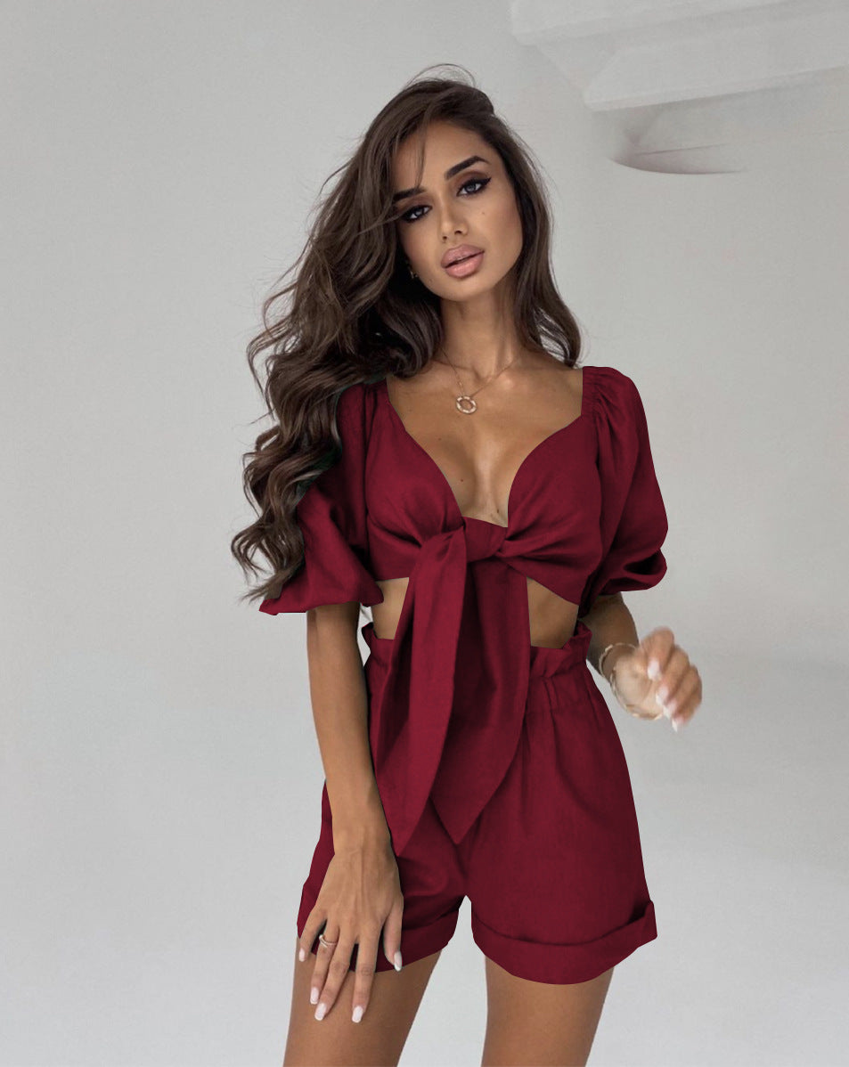 New Sexy Two-Piece Women's High-Waisted Shorts Cardigan Spice Girl Top Fashion Casual Suit