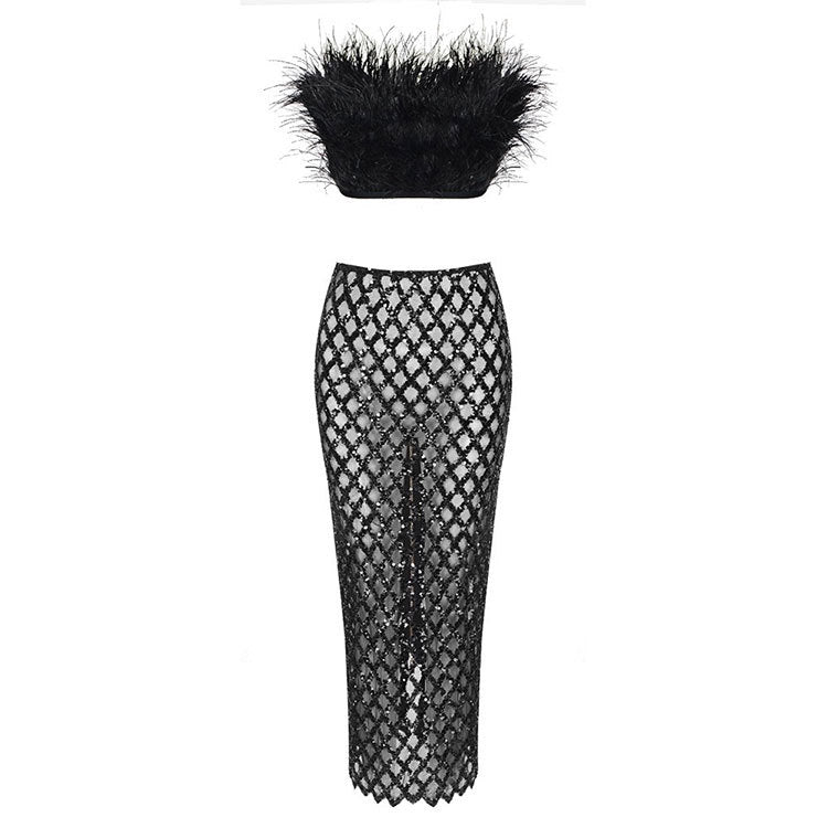 Women's Two-piece Feathered Black and White Spring and Summer Chest-spread Beads Sexy Perspective Dress Banquet Dress Set