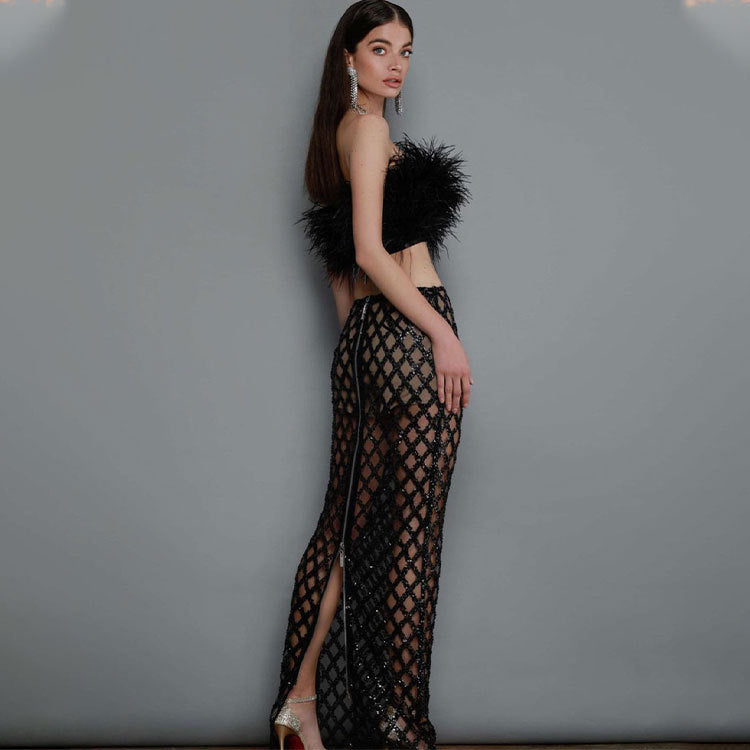 Women's Two-piece Feathered Black and White Spring and Summer Chest-spread Beads Sexy Perspective Dress Banquet Dress Set
