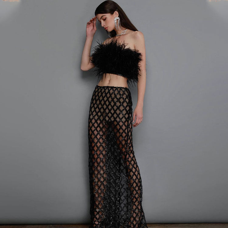 Women's Two-piece Feathered Black and White Spring and Summer Chest-spread Beads Sexy Perspective Dress Banquet Dress Set