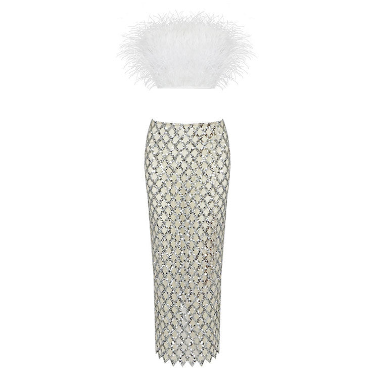 Women's Two-piece Feathered Black and White Spring and Summer Chest-spread Beads Sexy Perspective Dress Banquet Dress Set
