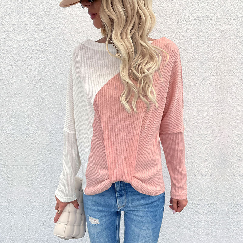 Autumn New Women's Pullover Collocation Color Line Collar Thin Pink Sweater