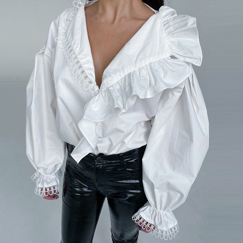 Spring Women's Shirt Sexy Deep V-Neck Wooden Ear Edge Long Sleeve Temperament Fashion Patchwork Lace Shirt