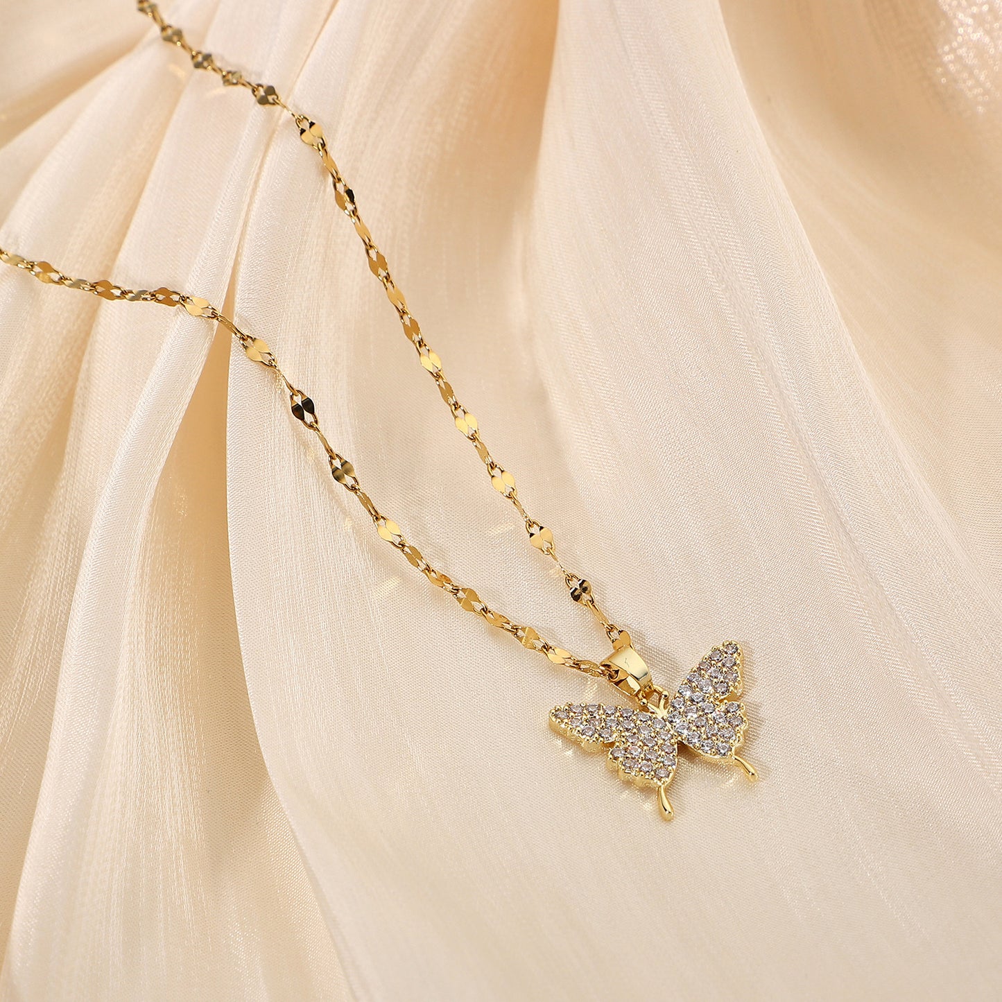5pcs Simple New Full Zirconium Butterfly Pendant Necklace 18K Electric Gold Plated Stainless Steel Collar Necklace Jewelry Women