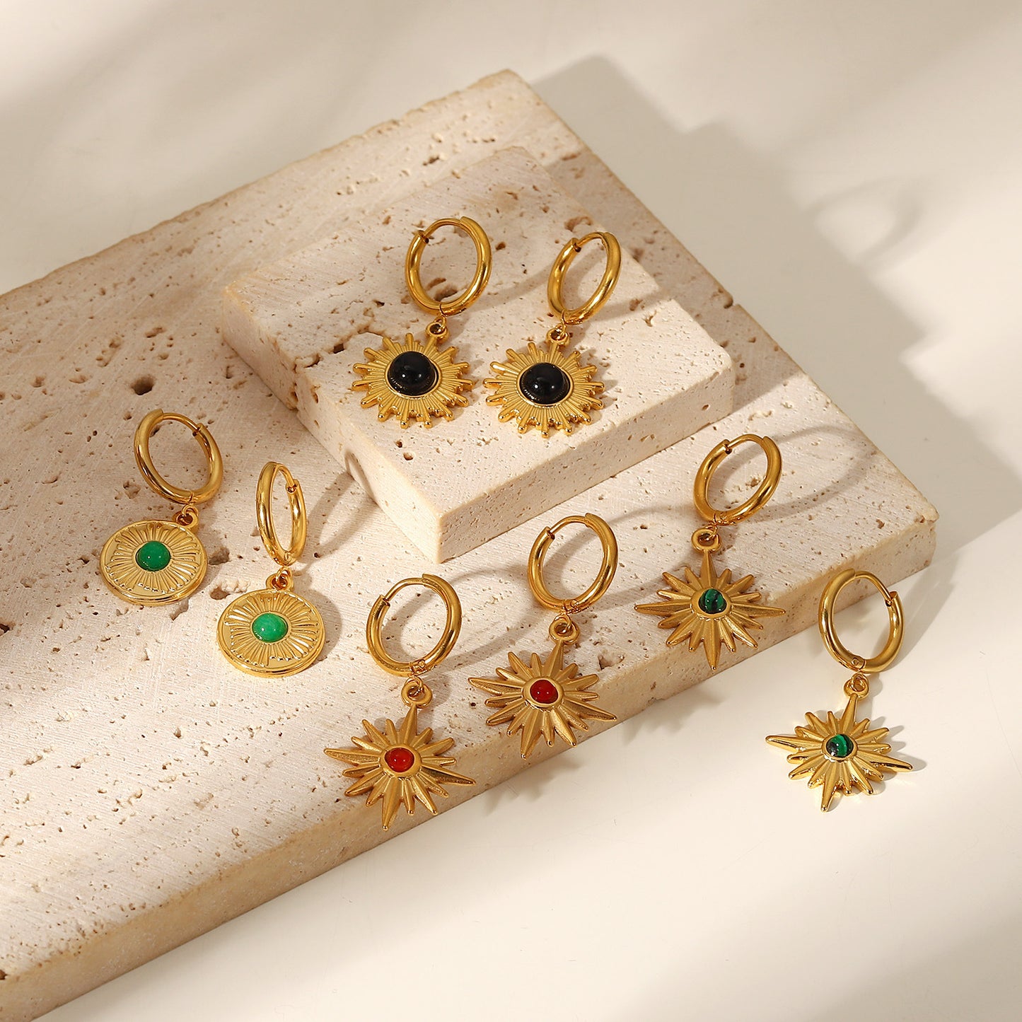 5pcs 18K Gold-Plated Stainless Steel Earrings Natural Stone Octet Star Pendant Ring Earrings For Women