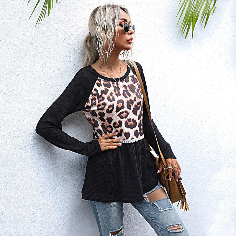 Fashion Top Splicing Long Sleeve Leopard Print Black Slim-Fit Sweater