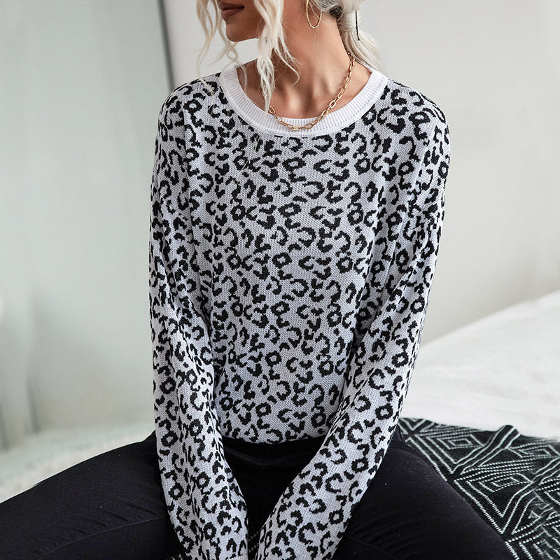 New Leisure Autumn Women's Leopard-Print Long-Sleeved Women's Sweater