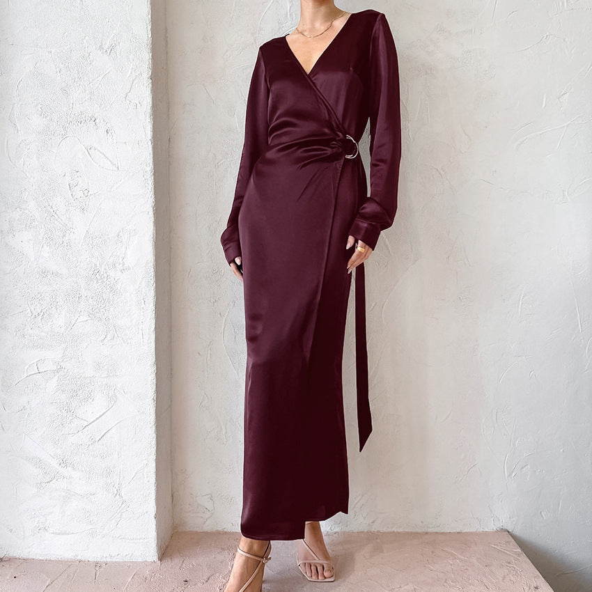 Burgundy Thin Soft Matte Color T-Neck Wrap Dress New Autumn Fashion Dress
