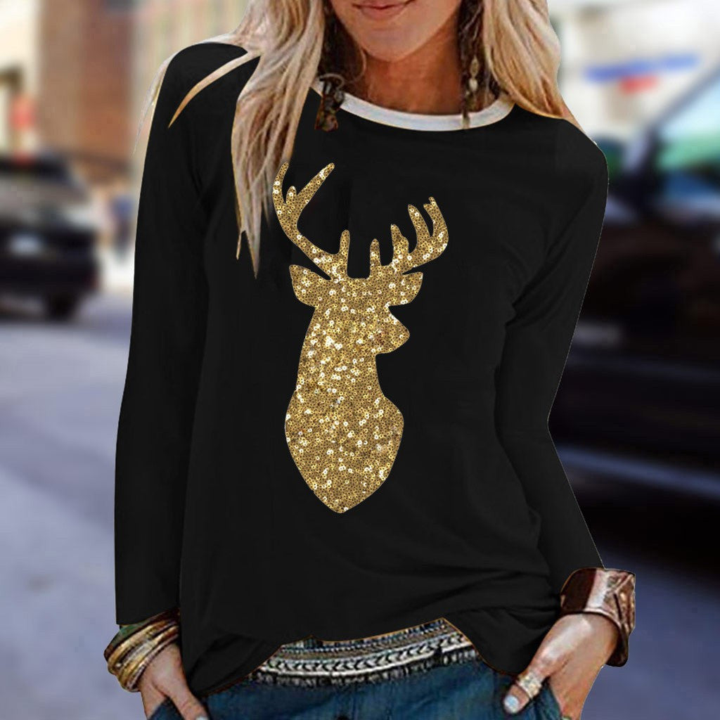 Cross Fall New Ladies Christmas Sequined Antler Print Ladies Fresh Sweet Long Sleeve T-Shirt