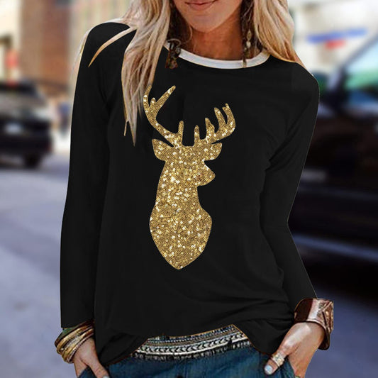 Cross Fall New Ladies Christmas Sequined Antler Print Ladies Fresh Sweet Long Sleeve T-Shirt