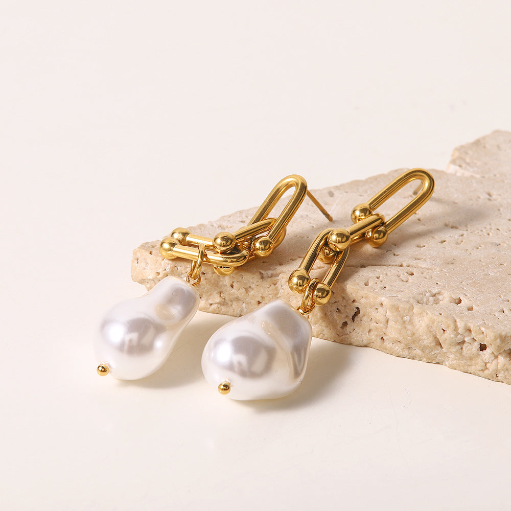 5pcs New 18K Gold Plated Stainless Steel Profiled Imitation Pearl Pendant Earrings Anti-Allergy Temperament Chain Earrings