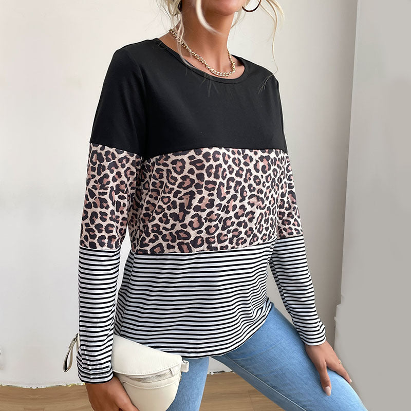 Autumn Contrast Color Leopard Print Round Neck T-Shirt for Women