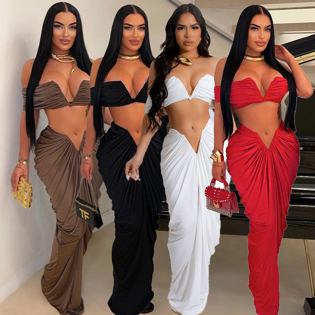 Sexy Sleeveless Top Stretch Tight Floor Length Pleated Skirt Two-Piece Set