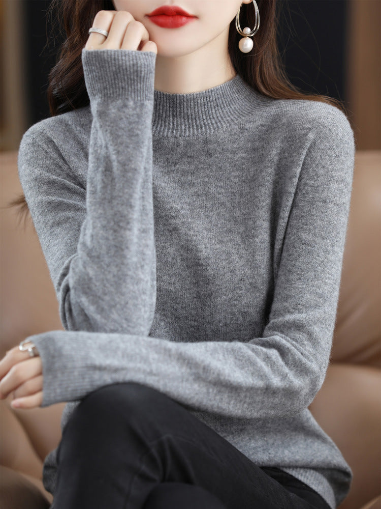 Half Turtleneck Woolen Sweater Women's Autumn And Winter Simple Everything Cashmere Sweater Loose Pullover Knitted Bottom
