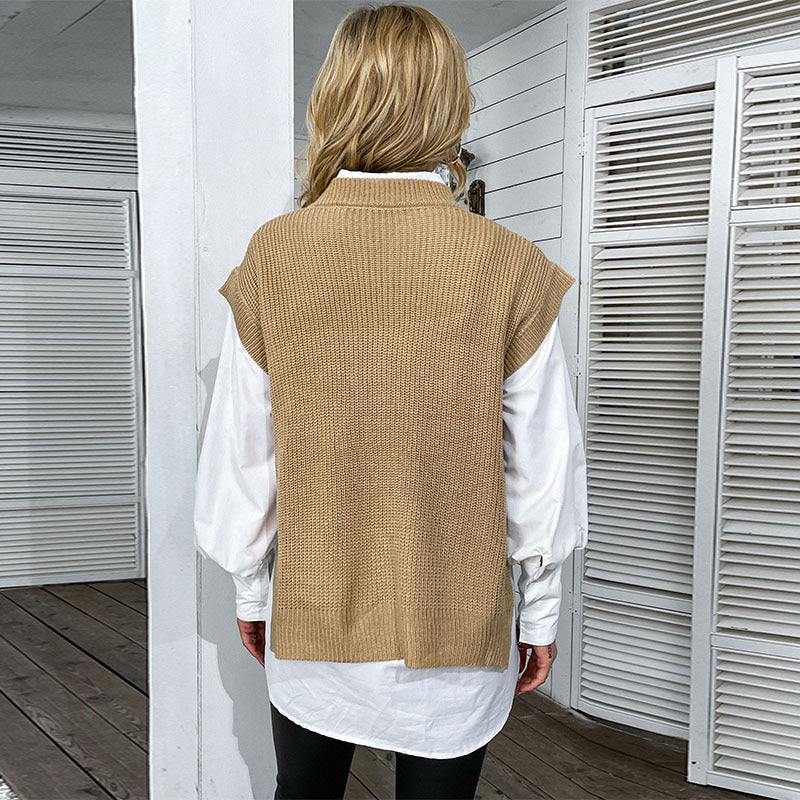 Early Autumn Fashion Women's Solid-Color Short-Sleeved Knitted Twist Sweater Vest Woman