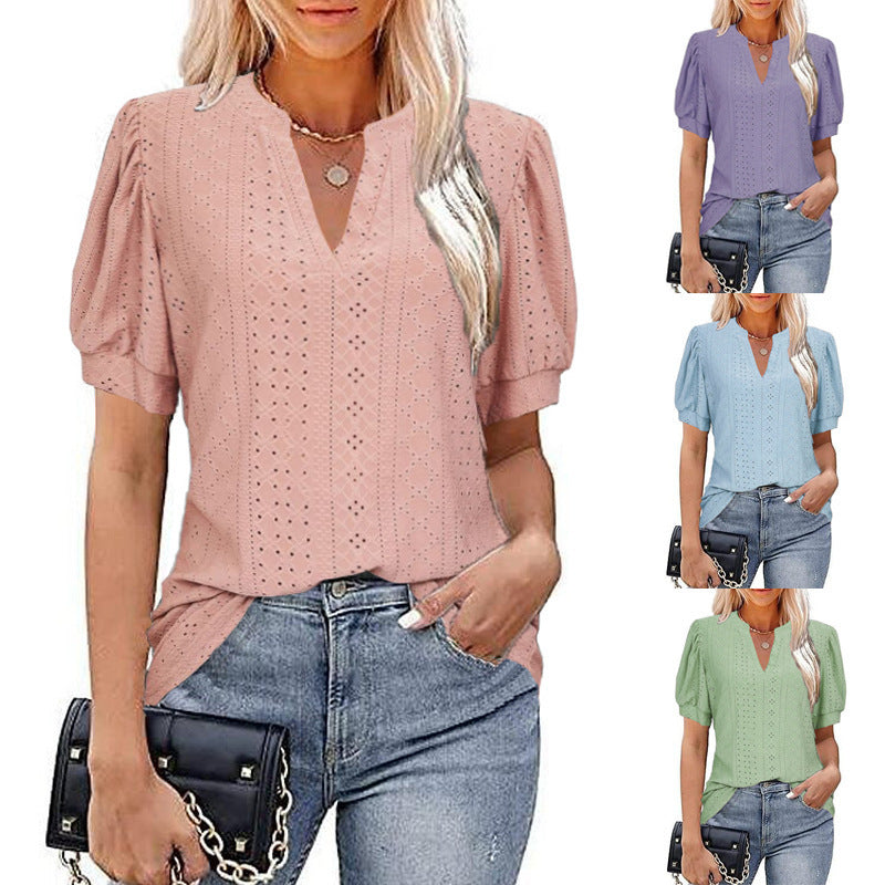 Spring And Summer Casual V-Neck Solid Color Hollow Puffy Sleeve Loose T-Shirt