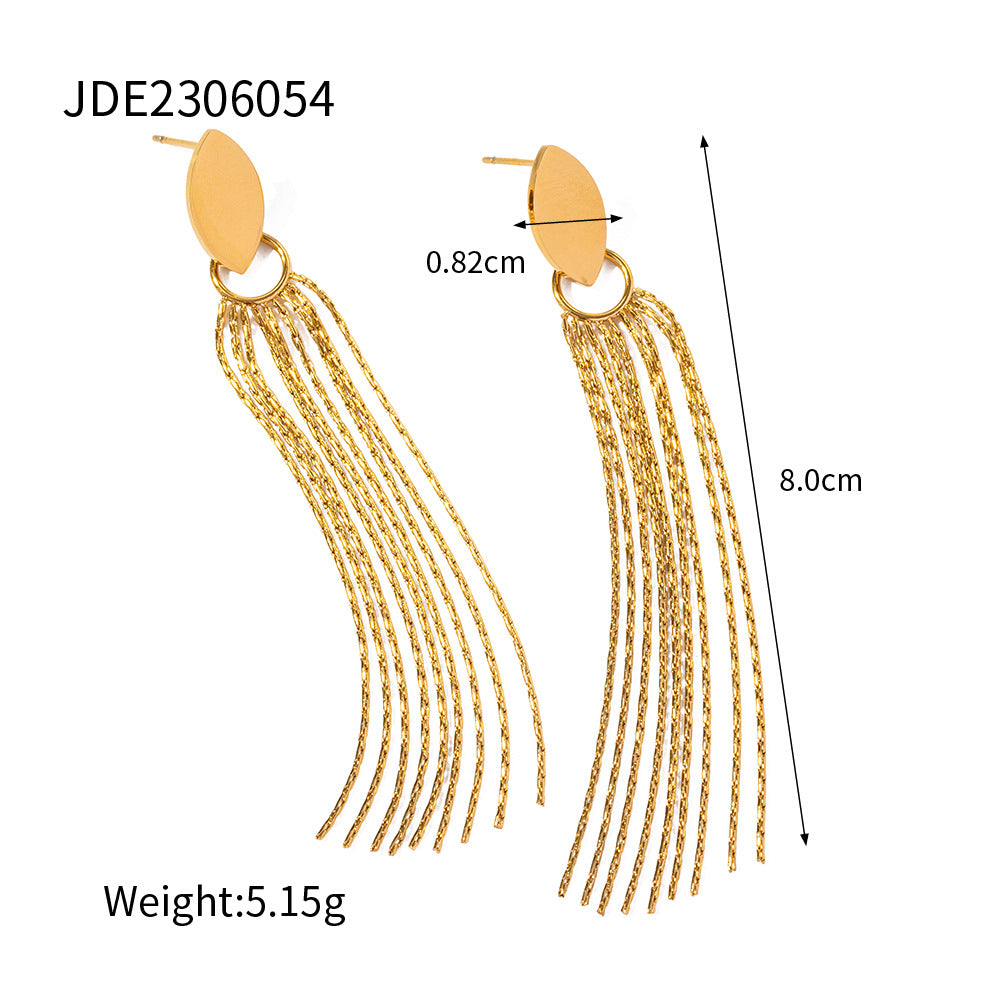 5pcs Simple 16K Gold Titanium Steel Oval Long Tassel Earrings With Exaggerated Temperament Stud Design Feel Earrings For Women