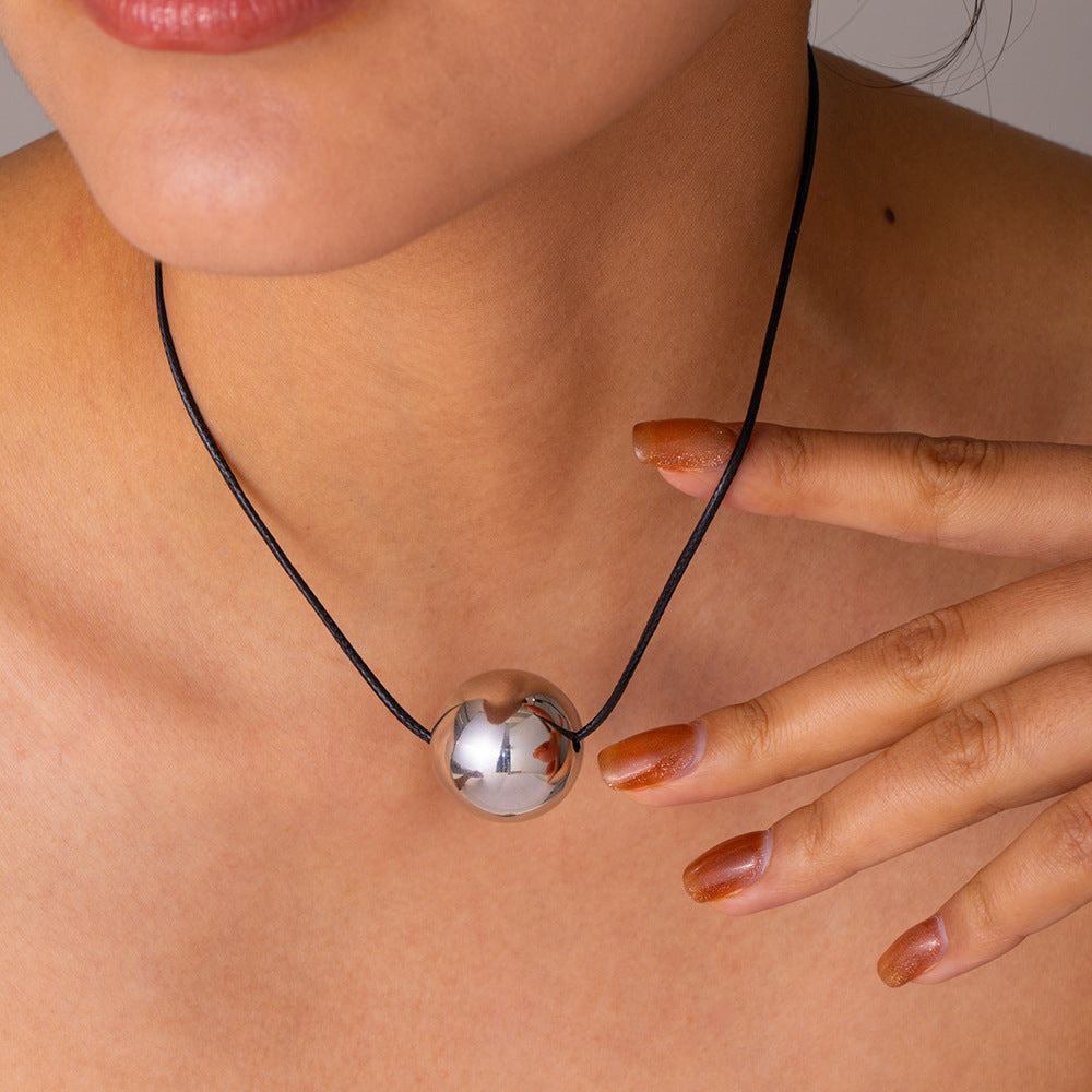 5pcs Necklace Steel Color Stainless Steel Wax Rope Draw Round Ball Pendant Necklace Necklace