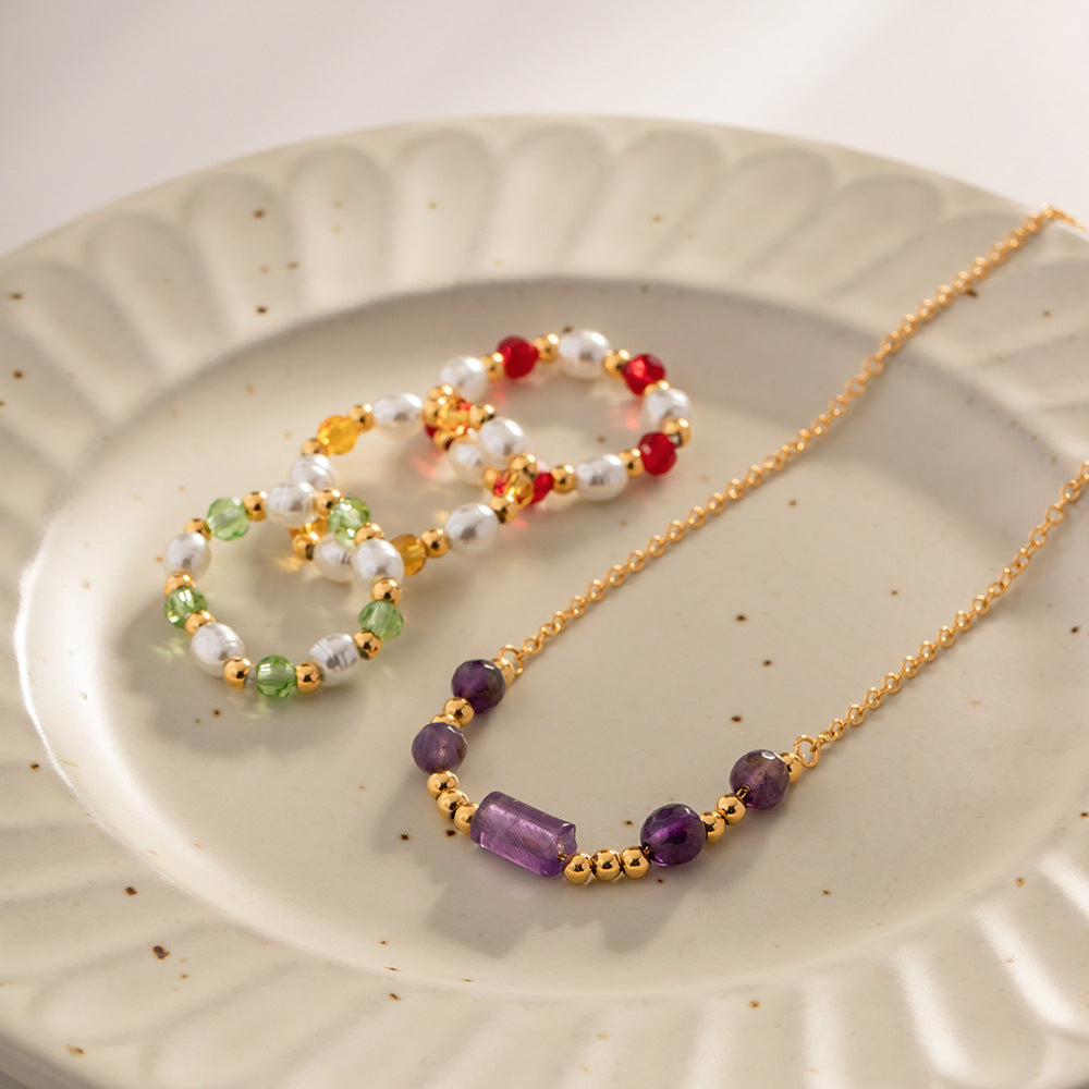 5pcs 18K Gold-Plated Stainless Steel Purple Stone Pendant Necklace With A Variety Of Niche Accessories Do Not Fade