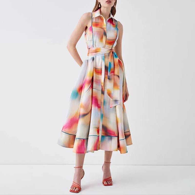 Spring New Fashion Lapel Small Print Temperament Lace-Up Waist Long Dress Women