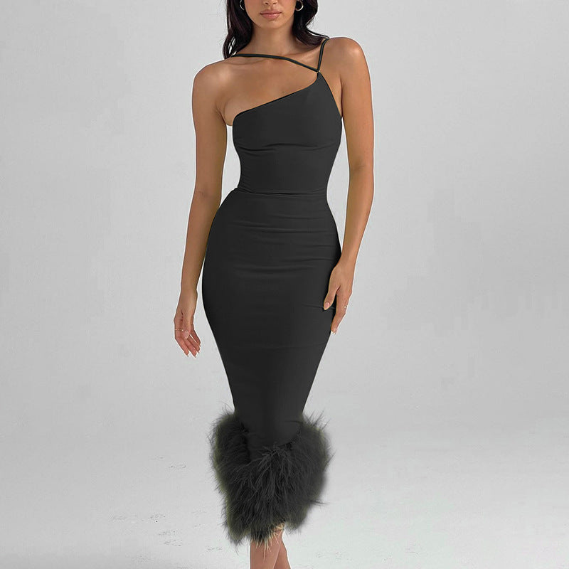 Single Shoulder Neck Hair Swing Dress Autumn Sexy Women's Temperament Commuter Slim Long Dress Woman