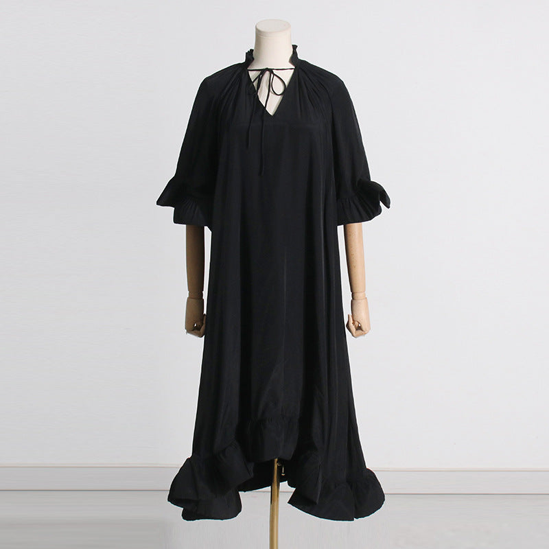 Palace Retro Style Spring V-Neck Tie Loose Waist Oversized Skirt Skirt Solid Color Dress Woman