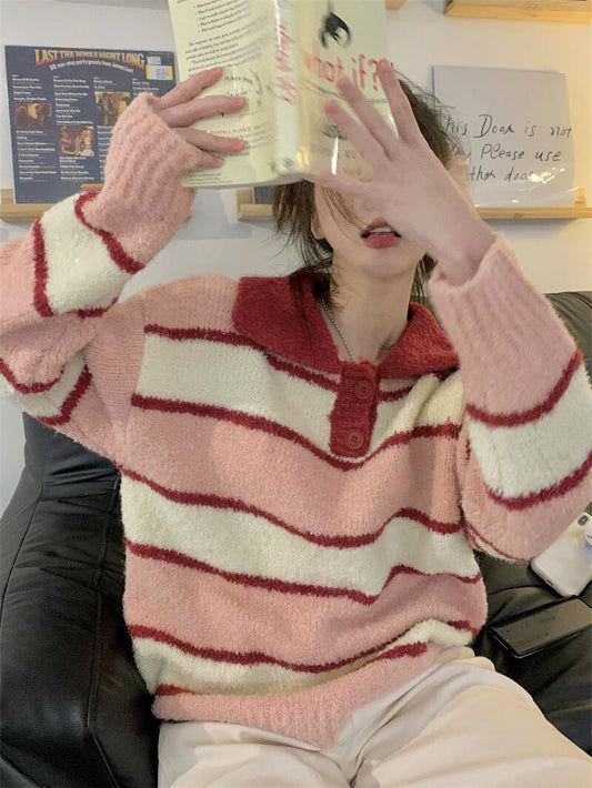 Japanese Sweet Soft Waxy Striped Polo Collar Sweater Coat Women's New Autumn And Winter Loose And Lazy Style Sweater Top