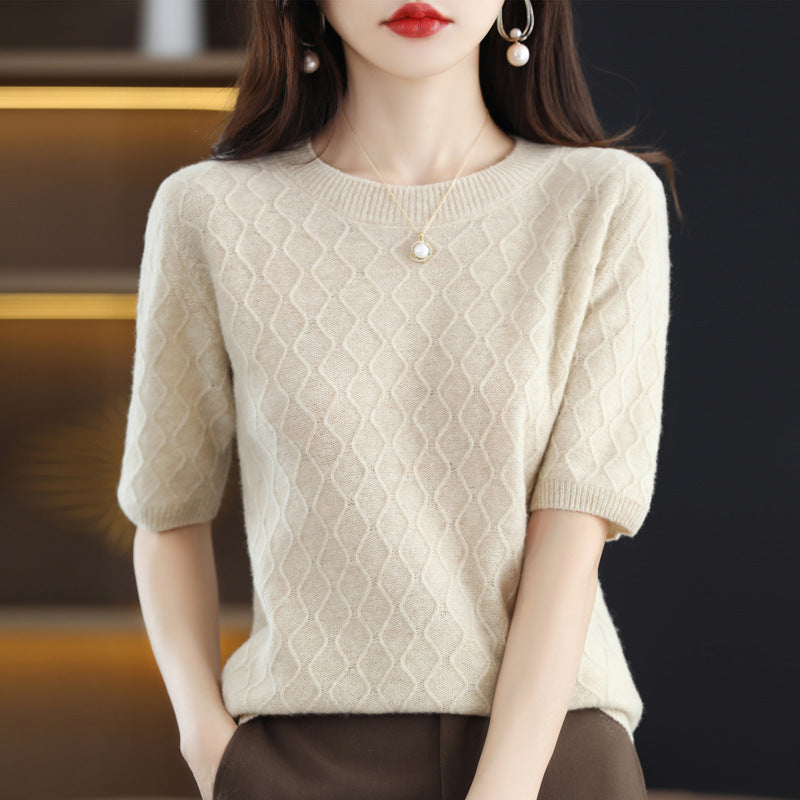 New 100% Pure Woolen Sweater Women Round Neck Short Sleeve Bottom Shirt Fashion Half Sleeve Knitted Top Fashion Pattern