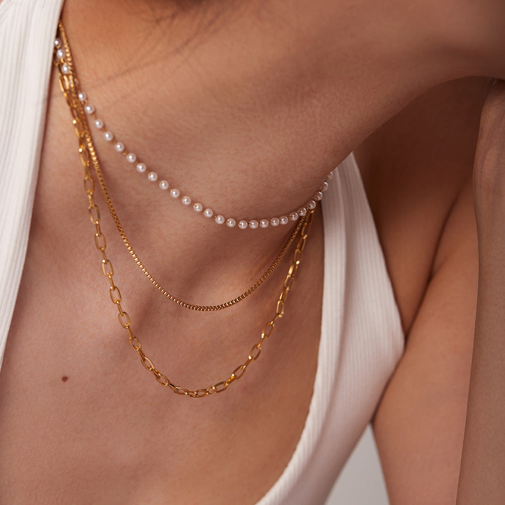 5pcs Necklace Is Independently Packaged 18K Gold Stainless Steel Small Pearl Chain Three-Layer Necklace For Women