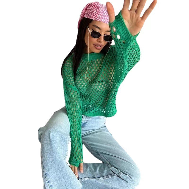 New Spring And Summer New Sweater Flared Sleeve Loose Round Neck Hollowed Out Sweater Woman