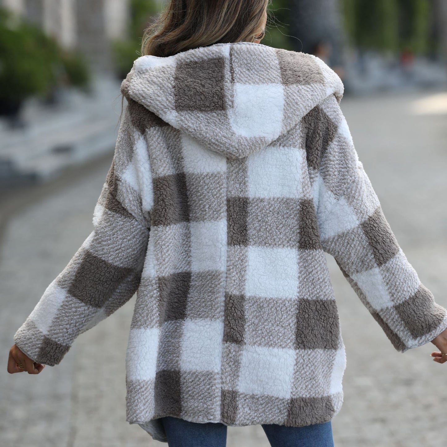 Glitter New Casual Plush Women's Hooded Conventional Long-Sleeved Loose Check Bubble Velvet Unbuttoned Coat