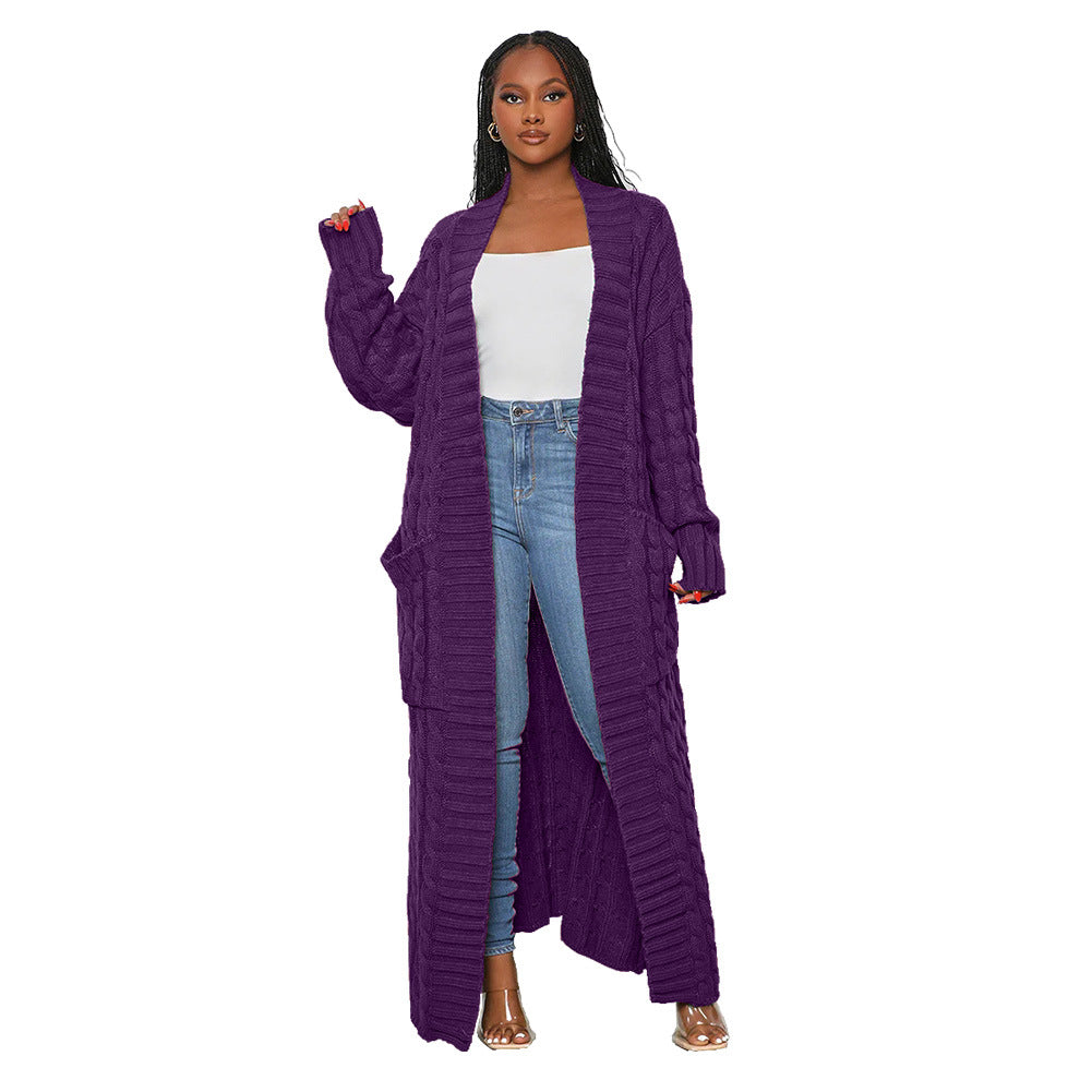 Women's Autumn And Winter New Loose Knit Cardigan Lazy Pocket Long Twist Sweater Coat