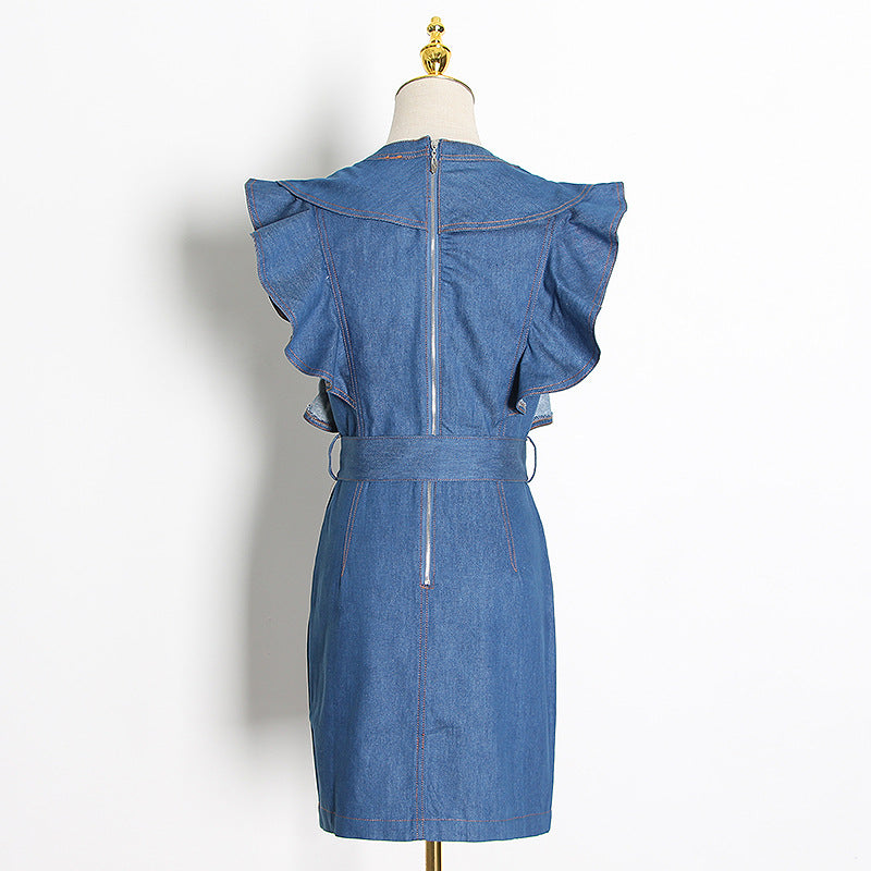 Spring Style Women's Collage Denim Sleeveless V-Neck Wrap Hip Skirt Dress