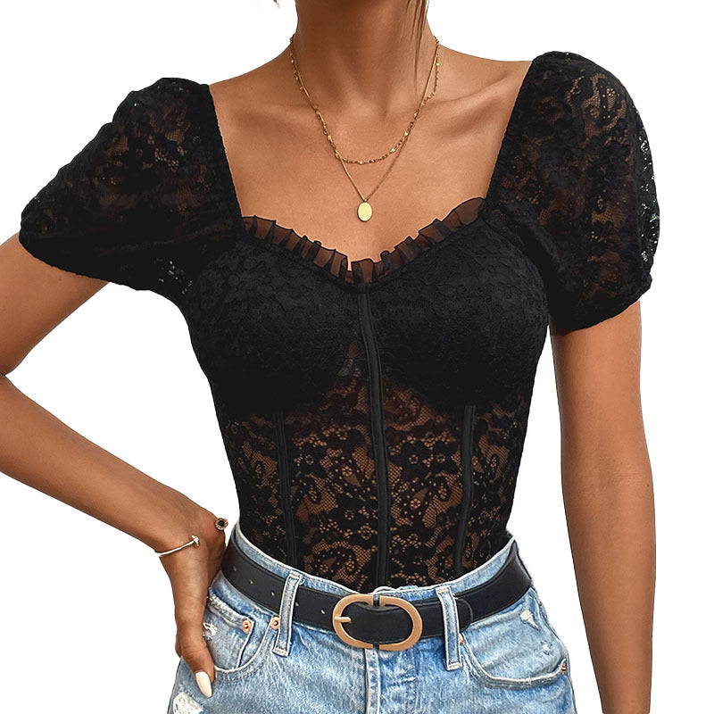 Sexy Lace Onesie Bubble Short Sleeve Chicken Heart Collar Top Lace Perspective One-Piece Top