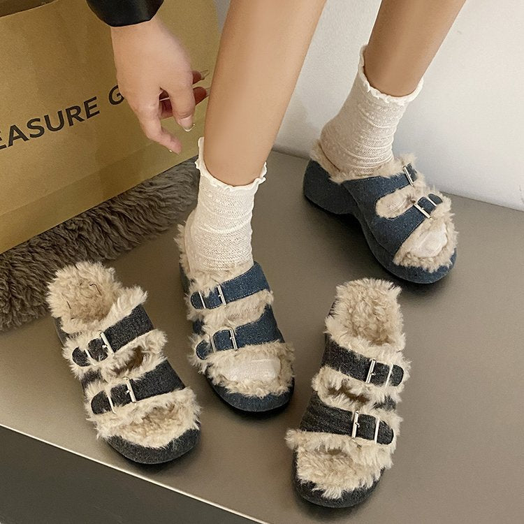Wedge Heel Thick Sole Woolly Slippers Autumn/Winter Cowboy Belt Buckle Office Casual Warm Plush Cotton Slippers