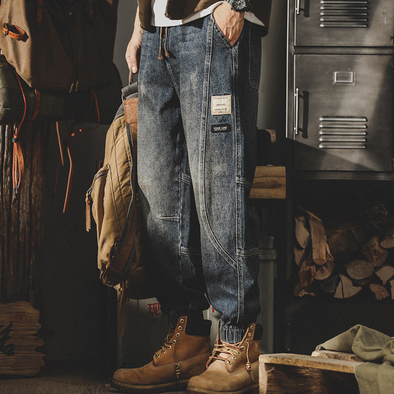Heavy Vintage Cargo Pants Men Spring And Autumn Loose Large Size Jeans Men Autumn Bunched Feet Wide Leg Casual Pants