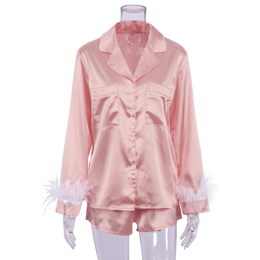 Spring New Temperament Suit Collar Pure Wind Ice Silk Feather Sleeve Long Sleeve Shorts Blue