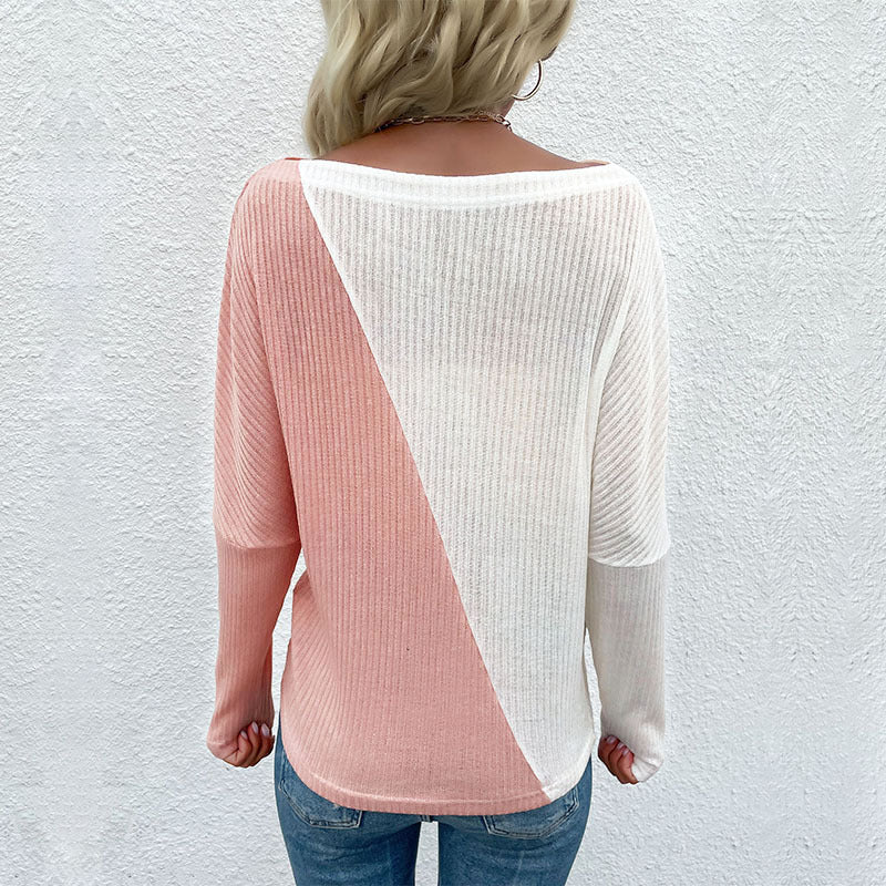 Autumn New Women's Pullover Collocation Color Line Collar Thin Pink Sweater