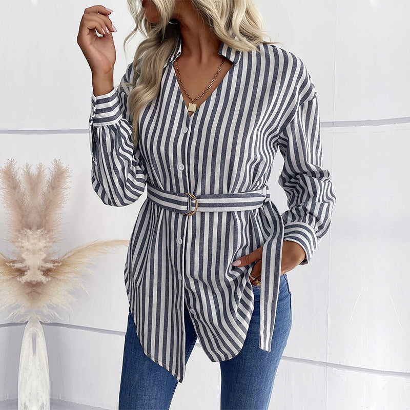 Autumn New Casual Women's Long-Sleeved V-Neck Mid-Long Striped Shirt