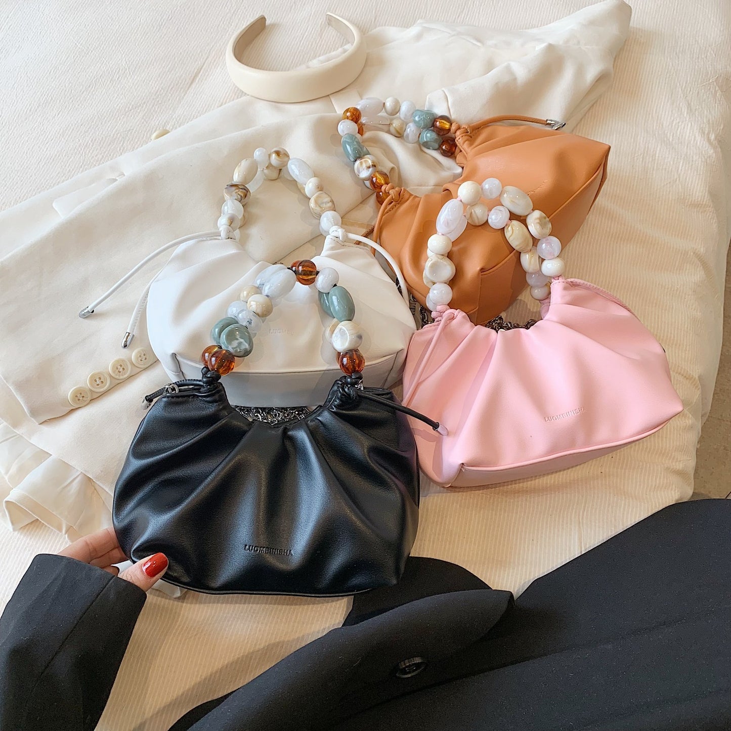 New Fashion Pleated Bag All-In-One Cross-Body Bag Women's Bag Niche Design High-Grade Pearl Handbag