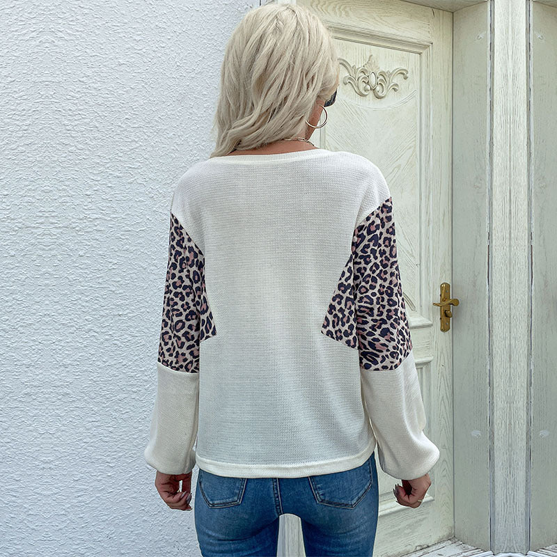 New Autumn Women's Loose Crew Neck Bottom Leopard Splicing Knitwear