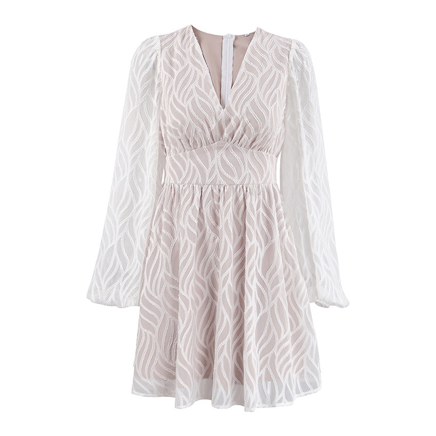 Spring Temperament White Hollowed-Out Jacquard Lantern Sleeve Dress Women's Fashion Waist A-Line Skirt Short